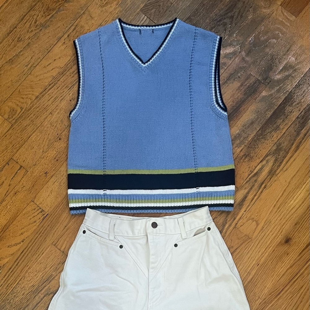 blue striped sleeveless knit sweater vest